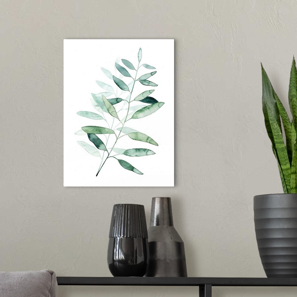 A modern room featuring Watercolor artwork of a plant with pale green leaves.