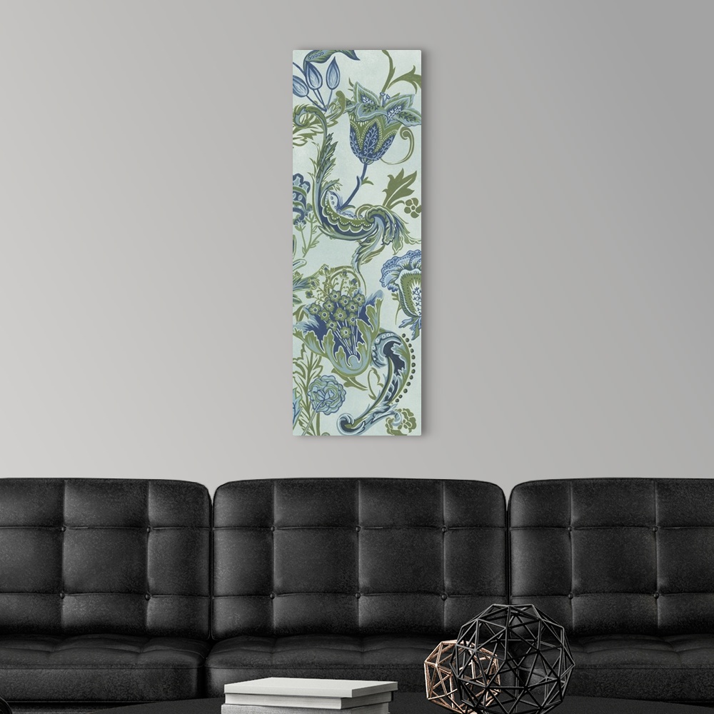 A modern room featuring This decorative artwork features intricate floral patterns and designs over a beige background.