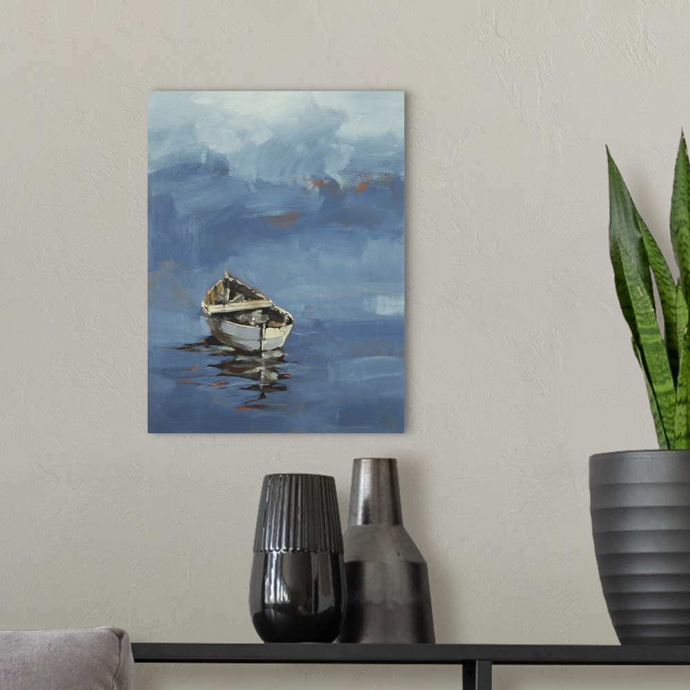 A modern room featuring Art print of a lonely wooden boat floating on the water.