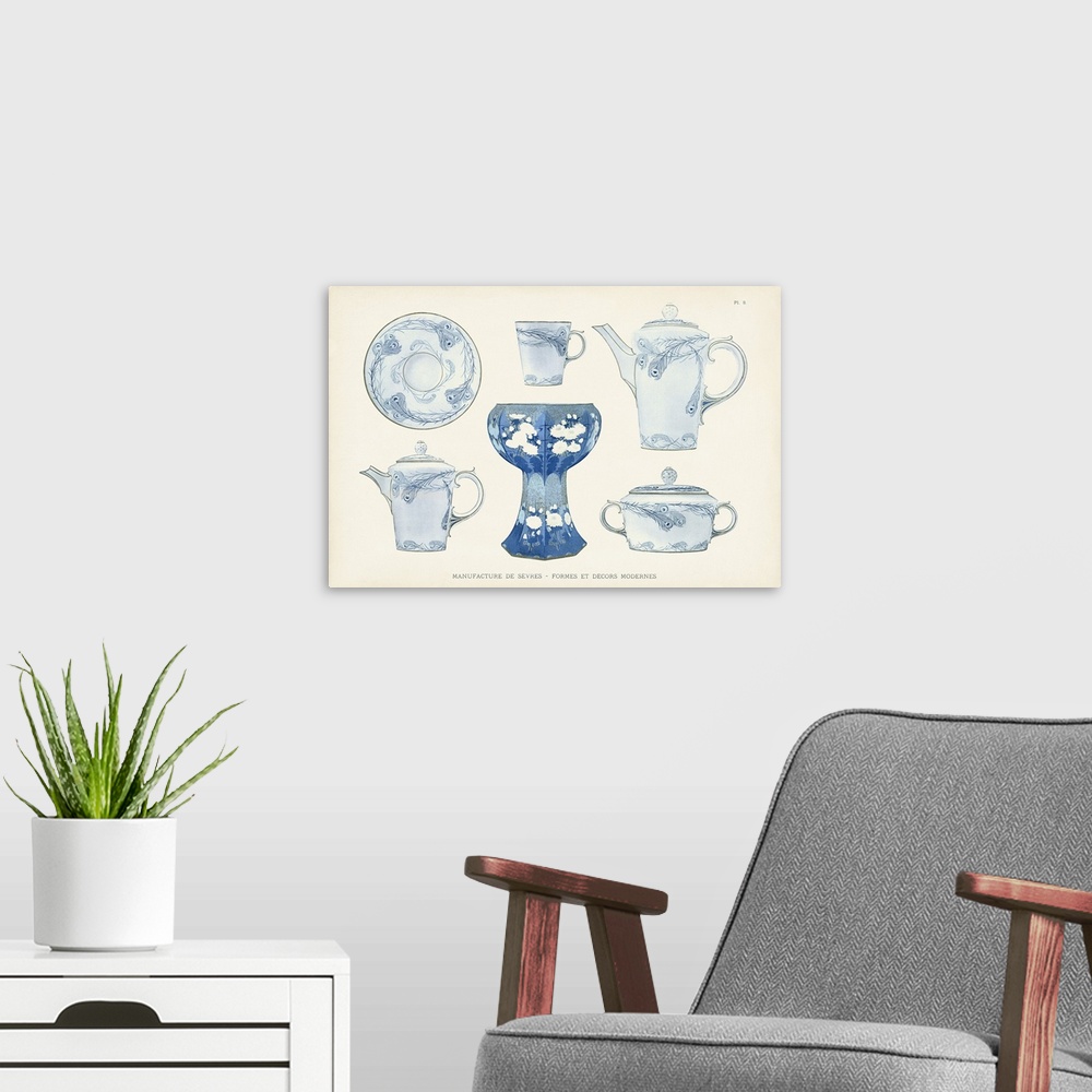 A modern room featuring Vintage style illustration of an antique porcelain against a neutral background.