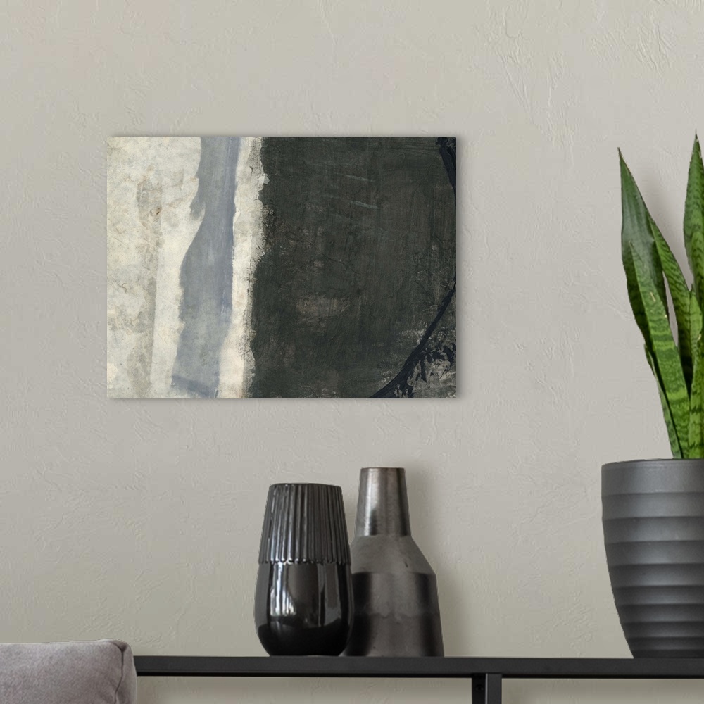 A modern room featuring A contemporary abstract painting using shades of gray and weathered textures.