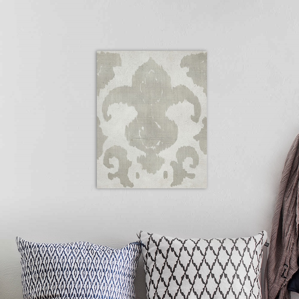 A bohemian room featuring Gray bohemian ikat pattern in watercolor.