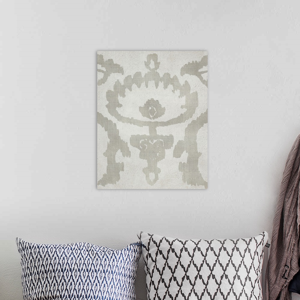 A bohemian room featuring Gray bohemian ikat pattern in watercolor.