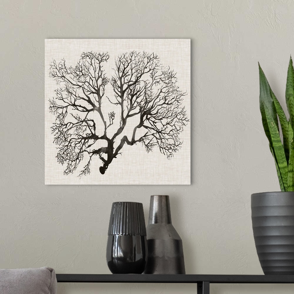 A modern room featuring Contemporary decor artwork of a coral sea fan in black against a textured background.