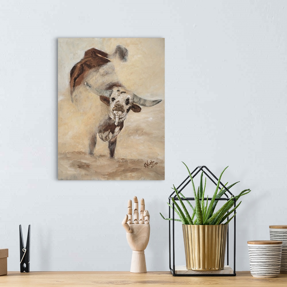 A bohemian room featuring Energetic brush strokes and warm tones craft a longhorn cow kicking up dirt in a dusty landscape.