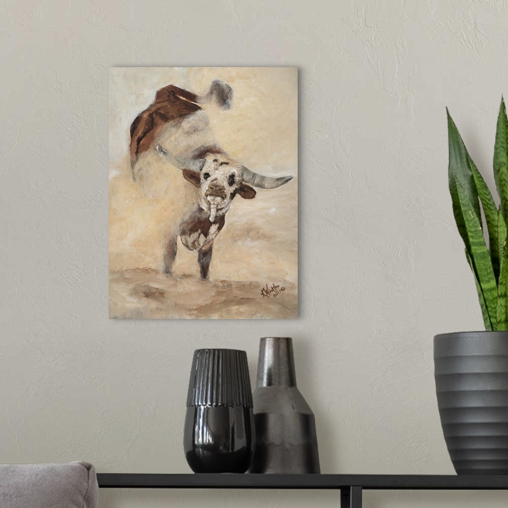 A modern room featuring Energetic brush strokes and warm tones craft a longhorn cow kicking up dirt in a dusty landscape.