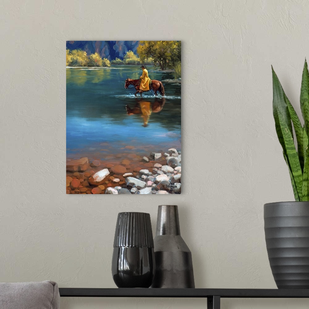 A modern room featuring Contemporary Western artwork of a figure on horseback in a shallow stream.