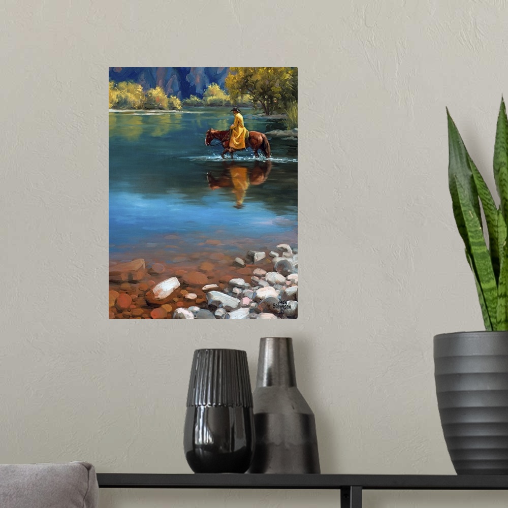 A modern room featuring Contemporary Western artwork of a figure on horseback in a shallow stream.
