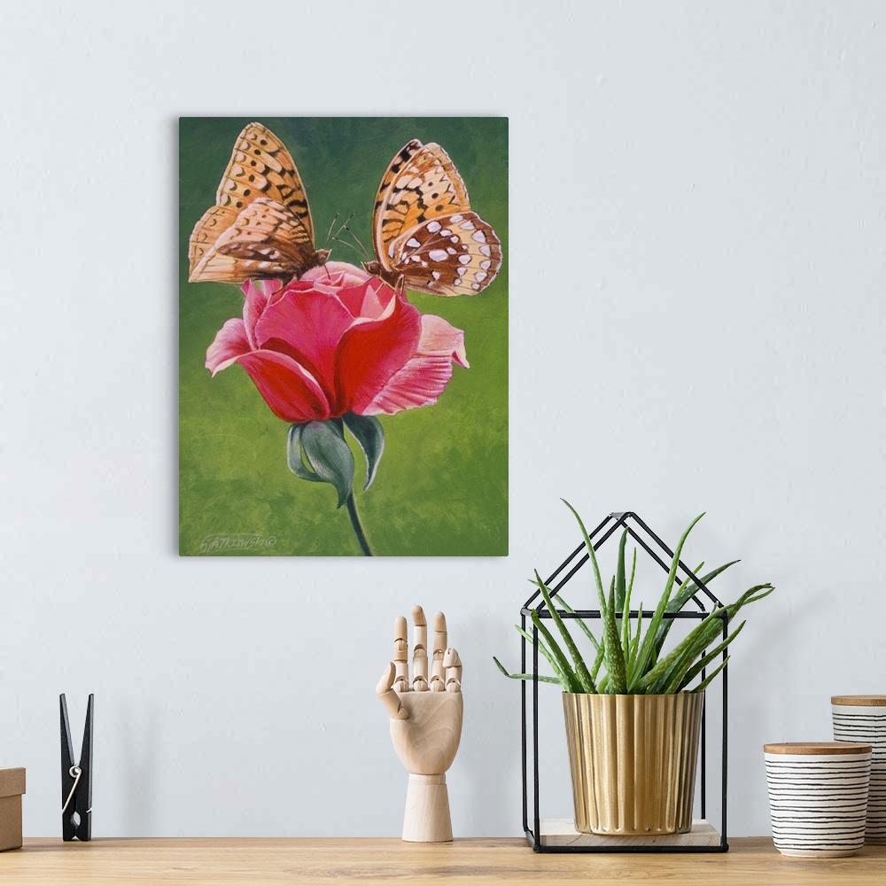 A bohemian room featuring Contemporary painting of two spangled fritillary butterflies perched on a rose.