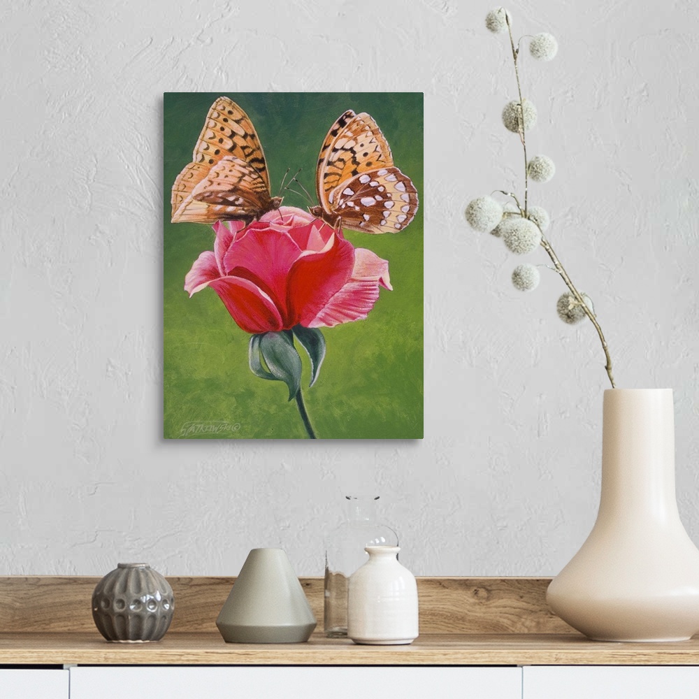 A farmhouse room featuring Contemporary painting of two spangled fritillary butterflies perched on a rose.