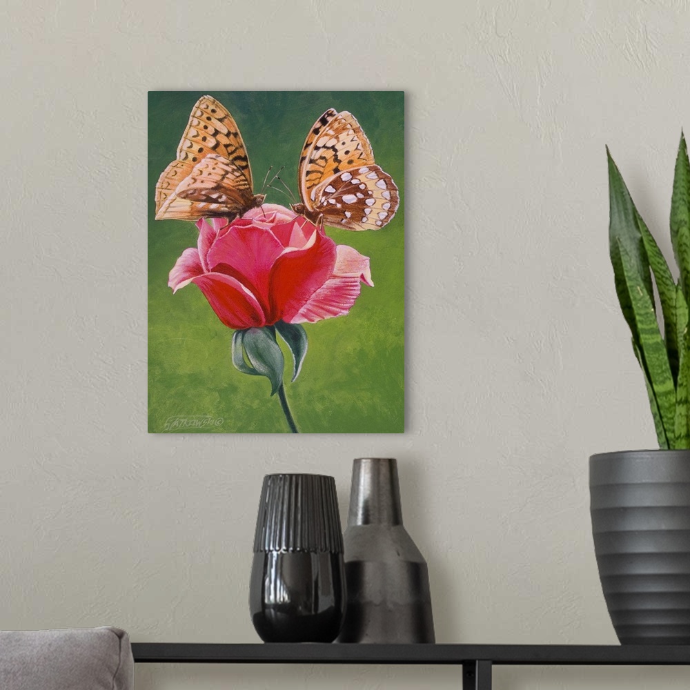 A modern room featuring Contemporary painting of two spangled fritillary butterflies perched on a rose.