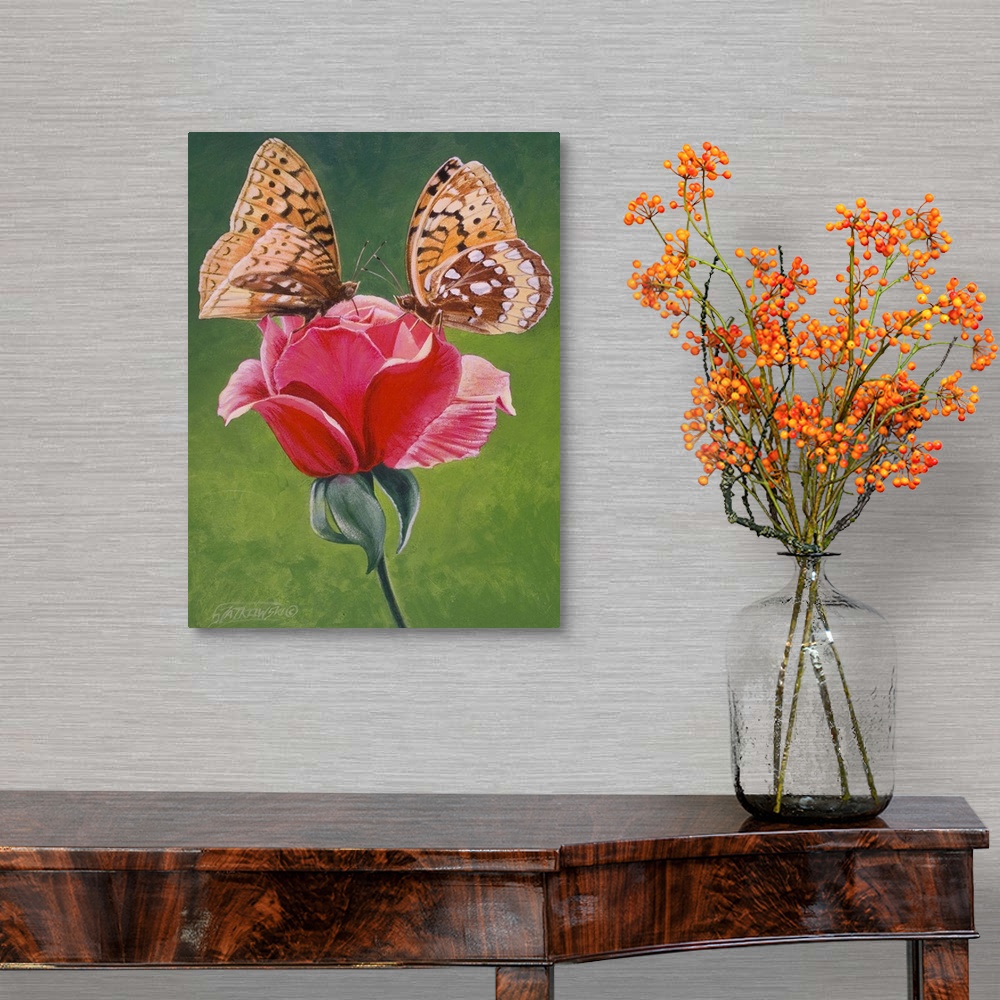 A traditional room featuring Contemporary painting of two spangled fritillary butterflies perched on a rose.