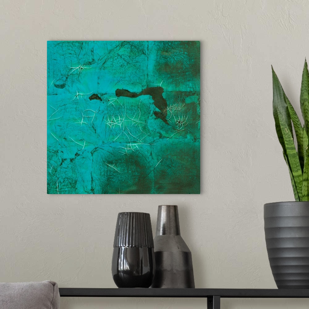 A modern room featuring This abstract artwork piece has a distressed background with what appears to be creases in the ma...