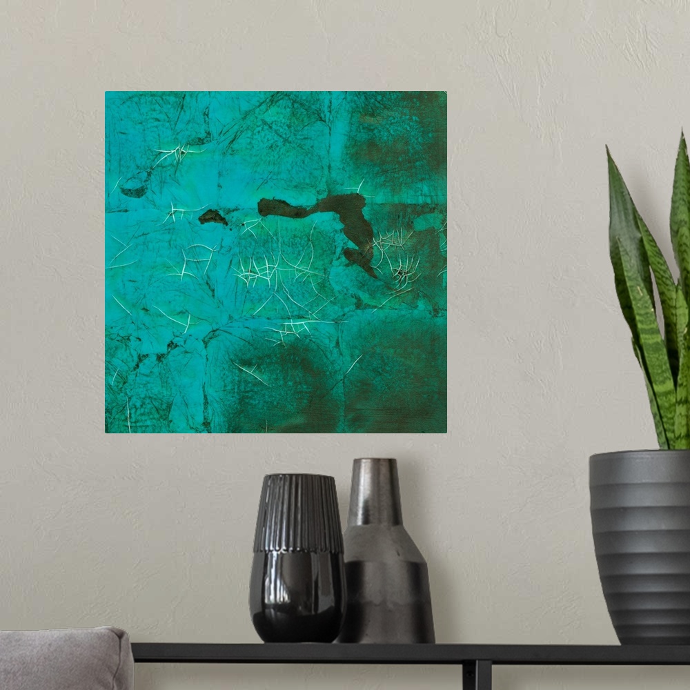 A modern room featuring This abstract artwork piece has a distressed background with what appears to be creases in the ma...