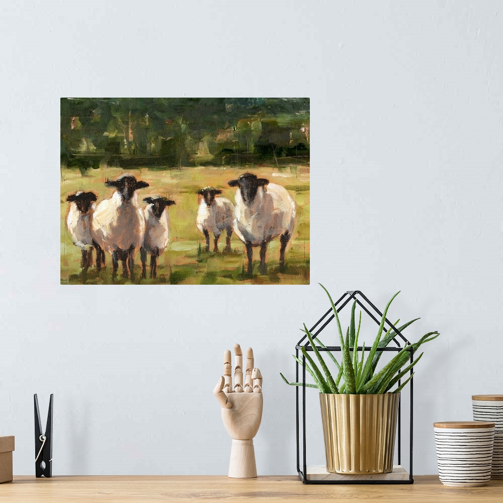 A bohemian room featuring Contemporary painting of sheep in a field.