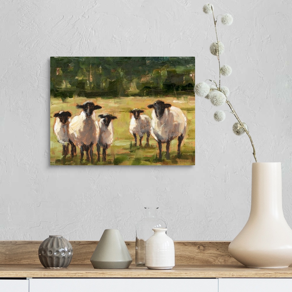 A farmhouse room featuring Contemporary painting of sheep in a field.