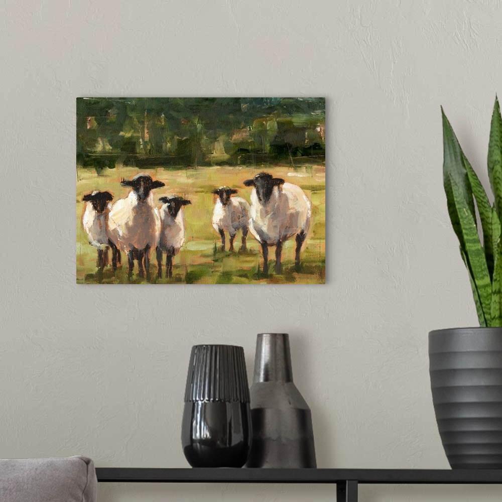A modern room featuring Contemporary painting of sheep in a field.