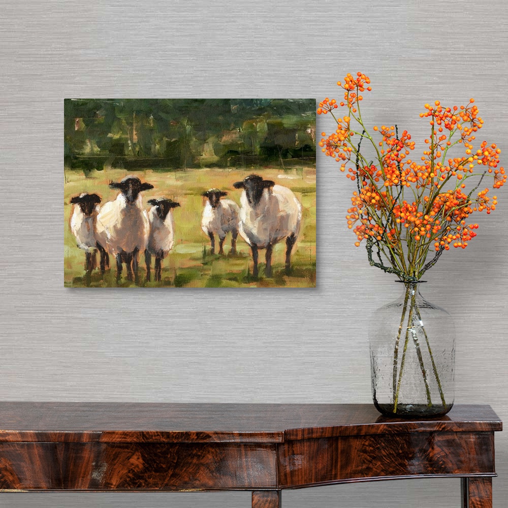 A traditional room featuring Contemporary painting of sheep in a field.
