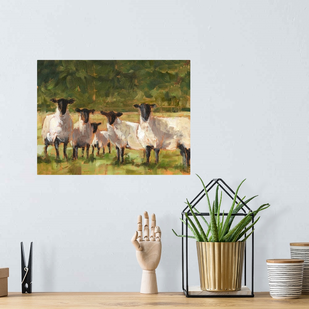 A bohemian room featuring Contemporary painting of sheep in a field.
