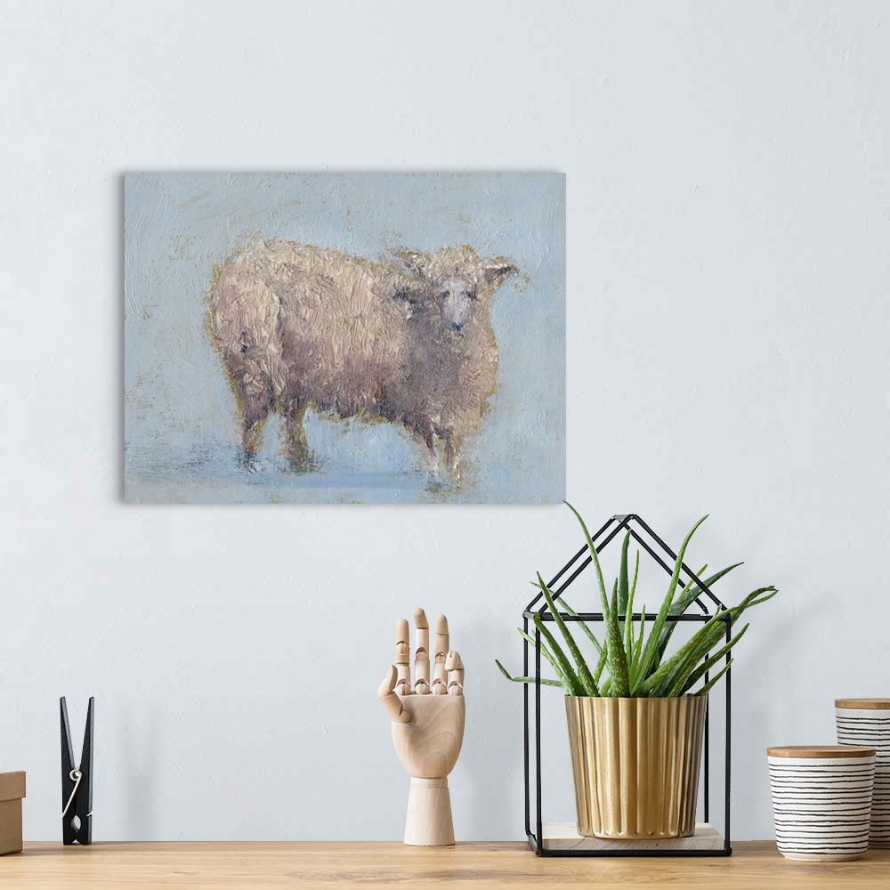 A bohemian room featuring A horizontal painting of a sheep in muted color tones.