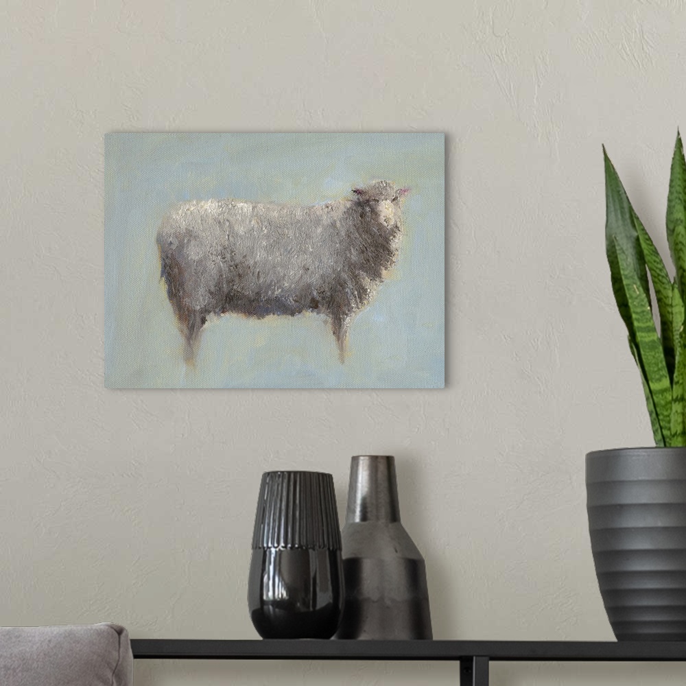 A modern room featuring A horizontal painting of a sheep in muted color tones.