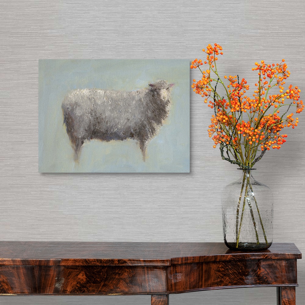 A traditional room featuring A horizontal painting of a sheep in muted color tones.