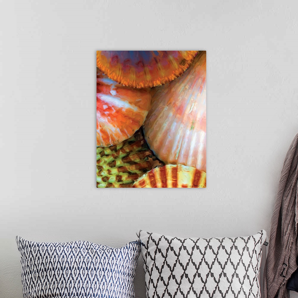 A bohemian room featuring A contemporary painting of a close-up colorful seashells.