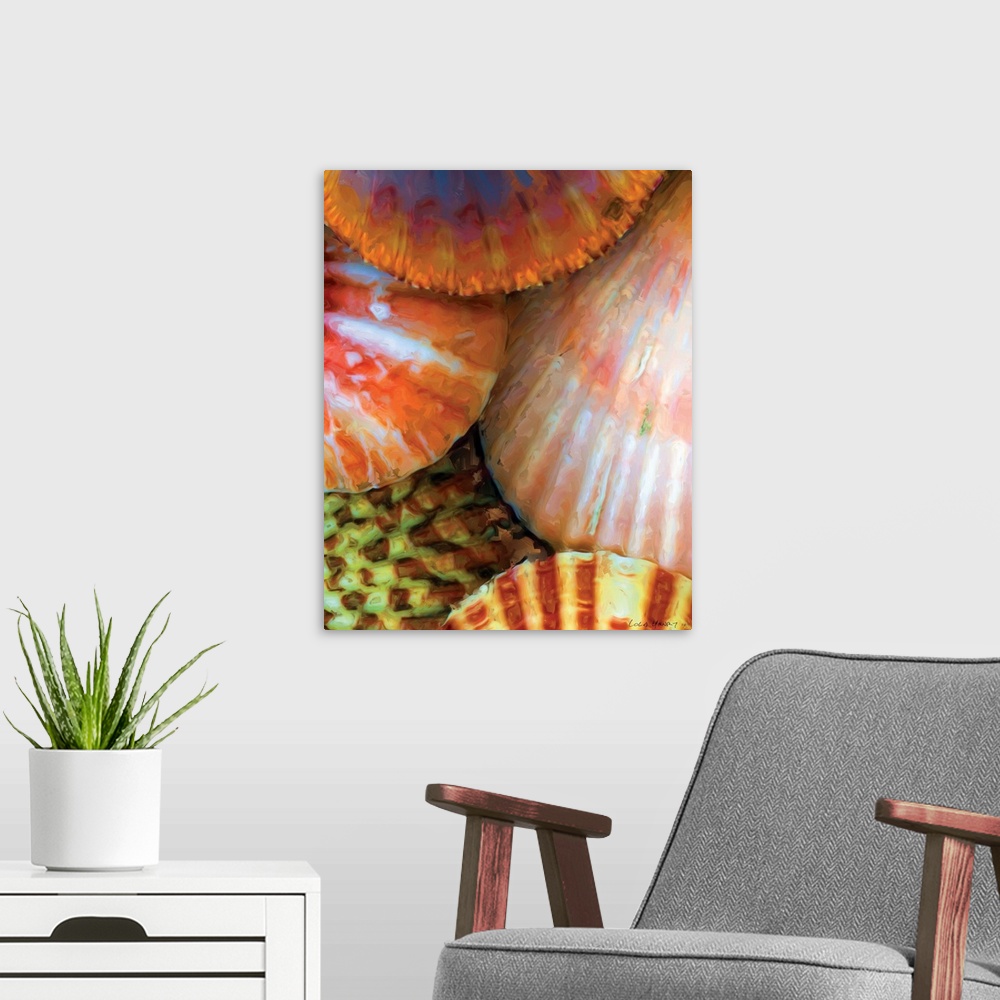 A modern room featuring A contemporary painting of a close-up colorful seashells.