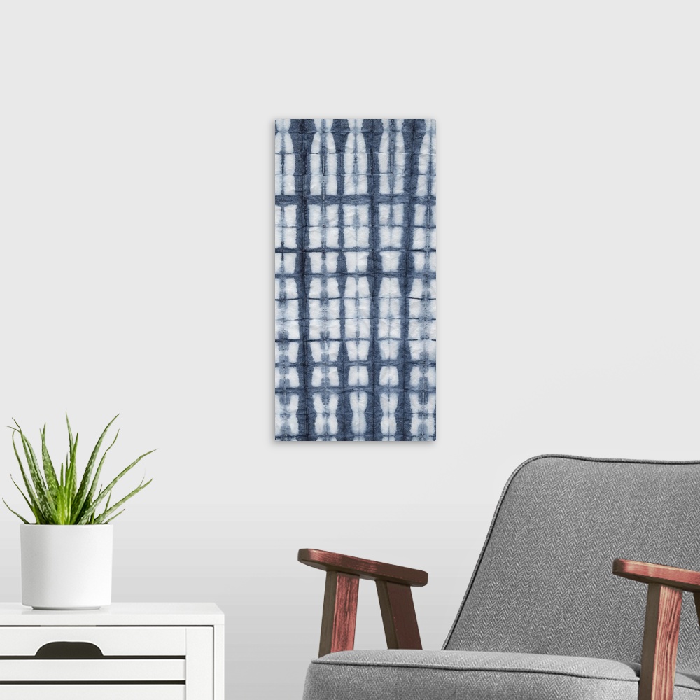 A modern room featuring Contemporary distressed blue pattern using geometric and organic shapes.