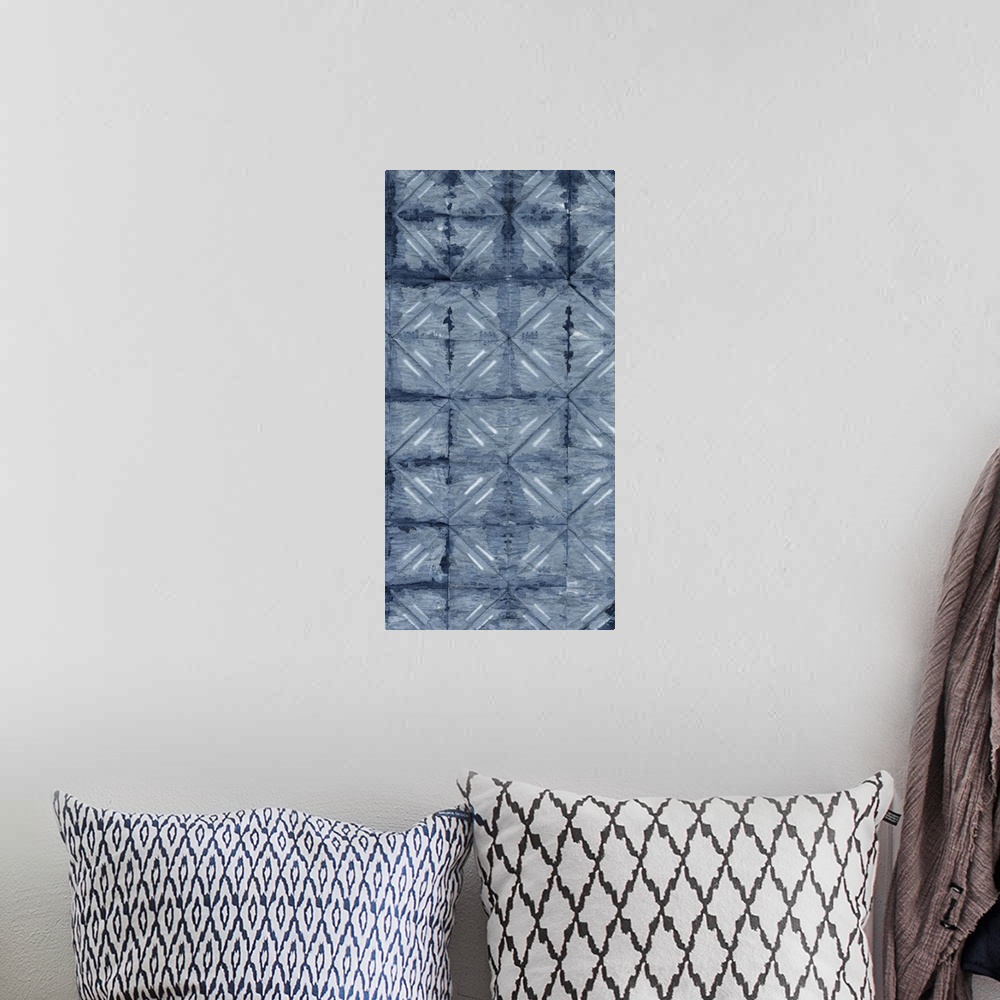 A bohemian room featuring Contemporary distressed blue pattern using geometric and organic shapes.