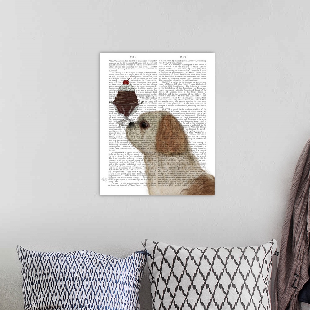 A bohemian room featuring Decorative artwork of a Shih Tzu balancing an ice cream sundae on its nose, painted on the page o...