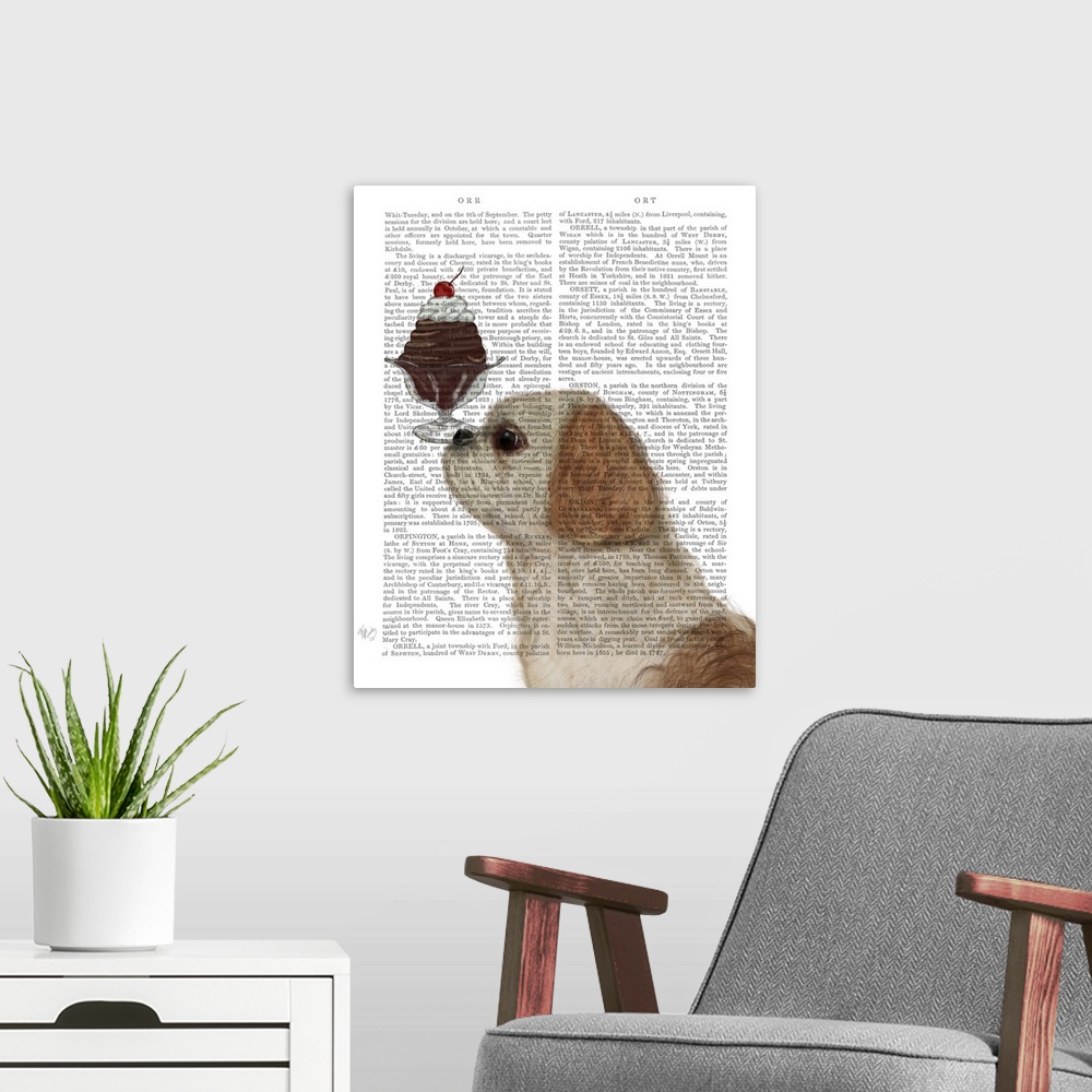 A modern room featuring Decorative artwork of a Shih Tzu balancing an ice cream sundae on its nose, painted on the page o...