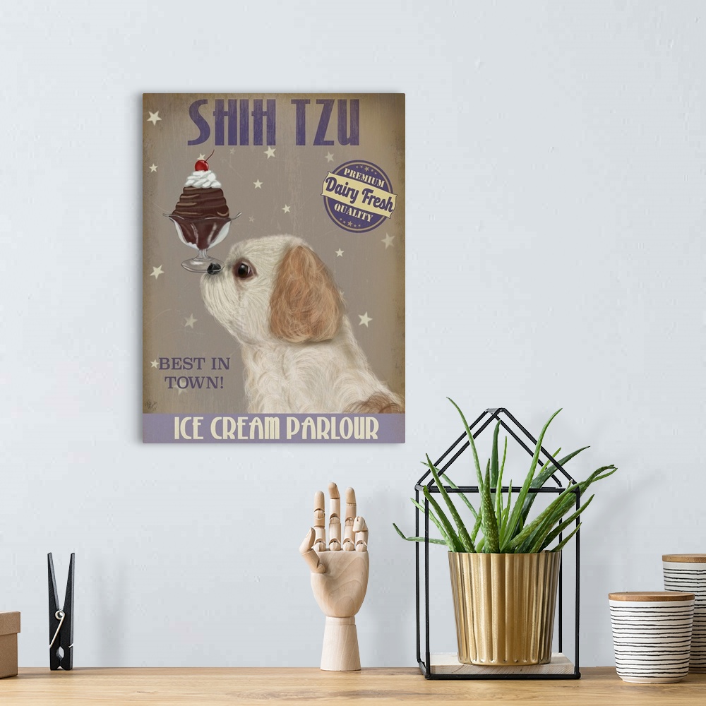 A bohemian room featuring Decorative artwork of a Shih Tzu balancing an ice cream sundae on its nose in an advertisement fo...