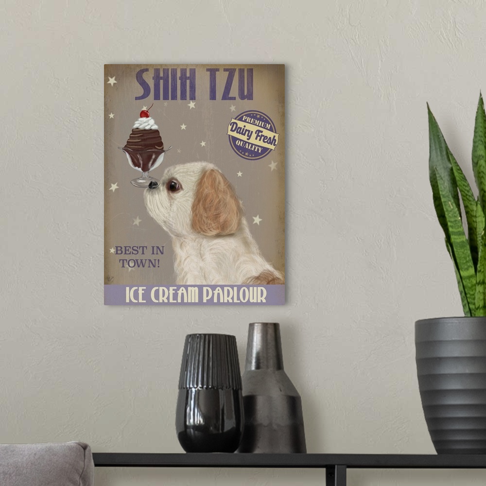 A modern room featuring Decorative artwork of a Shih Tzu balancing an ice cream sundae on its nose in an advertisement fo...