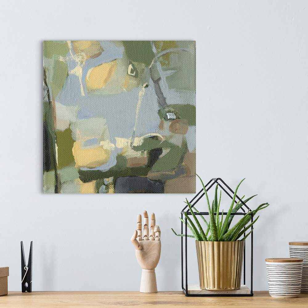 A bohemian room featuring Contemporary abstract painting using muted greens and browns.