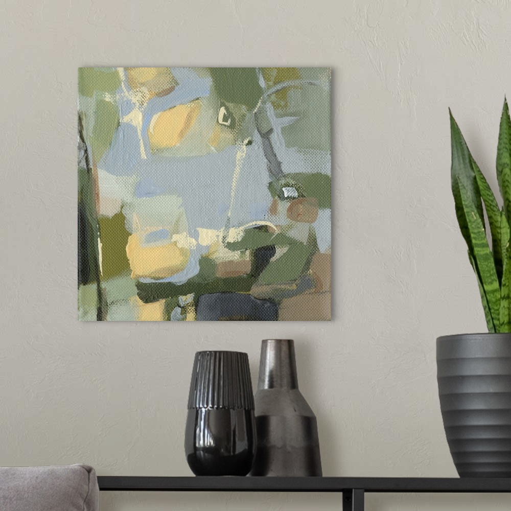 A modern room featuring Contemporary abstract painting using muted greens and browns.