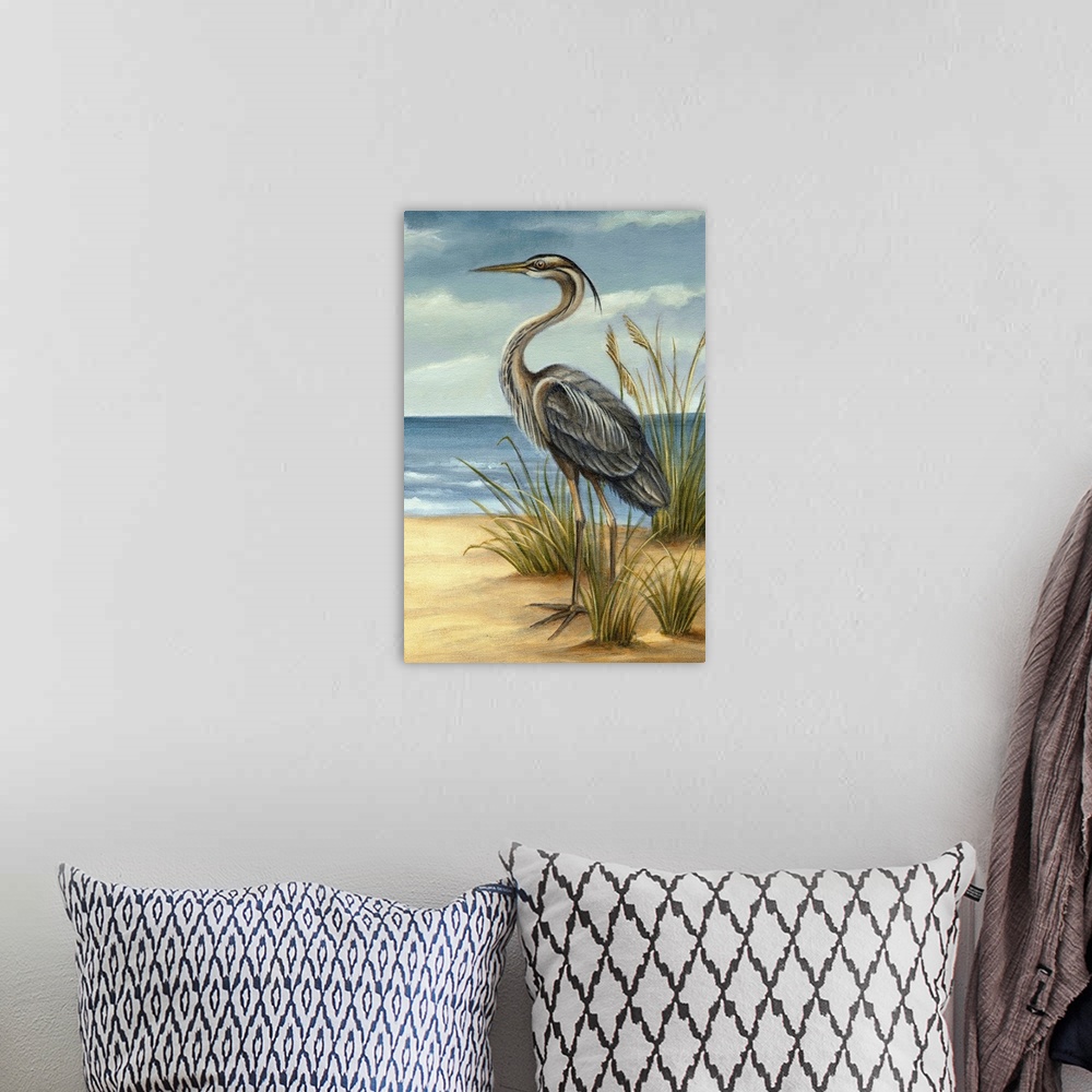 A bohemian room featuring Image of a tall heron standing among clumps of sea grass. This traditional painting is reminiscen...