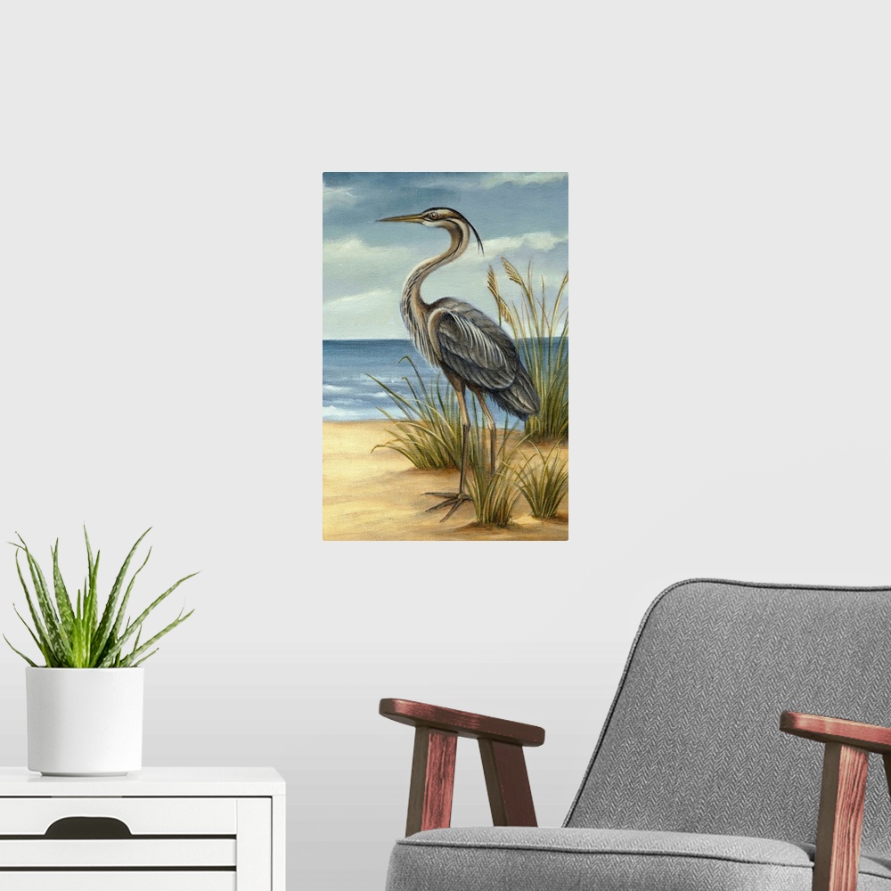 A modern room featuring Image of a tall heron standing among clumps of sea grass. This traditional painting is reminiscen...