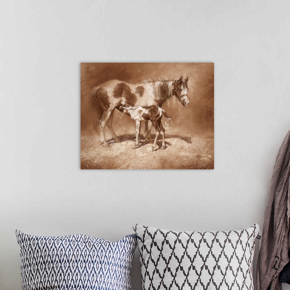 A bohemian room featuring Energetic brush strokes and paint splatters create this brown toned artwork featuring a mother ho...