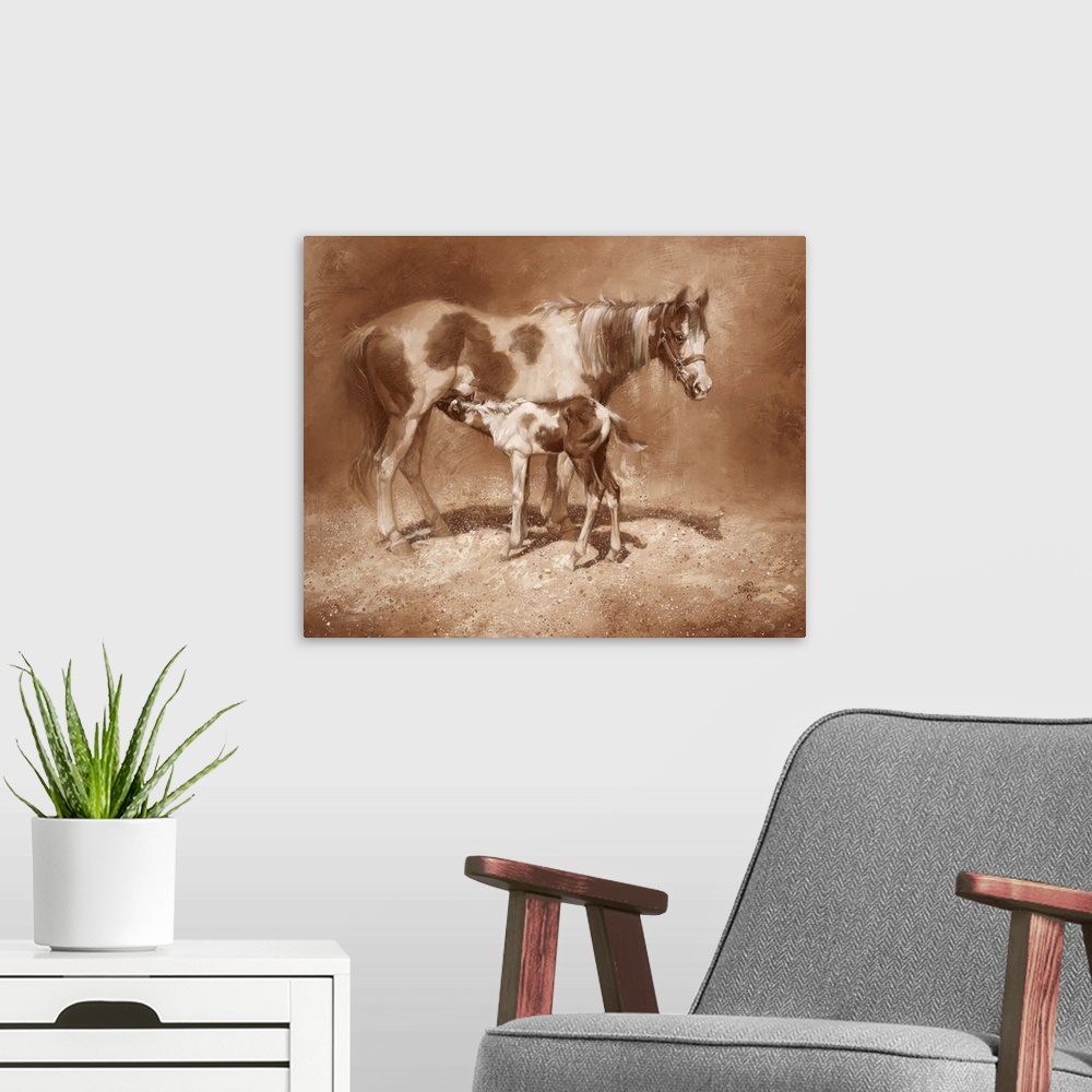 A modern room featuring Energetic brush strokes and paint splatters create this brown toned artwork featuring a mother ho...