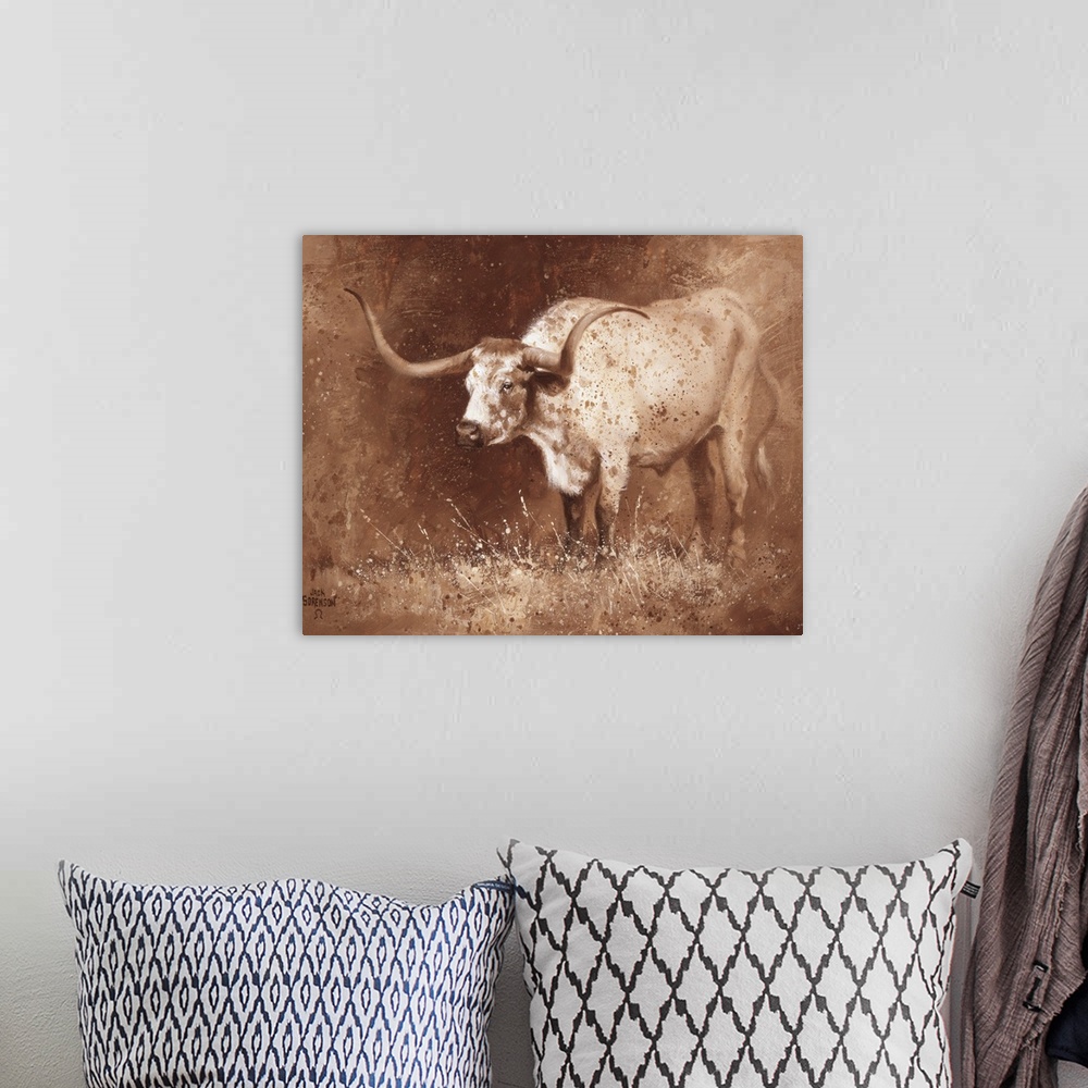 A bohemian room featuring Energetic brush strokes and paint splatters create this brown toned artwork featuring a long horn...