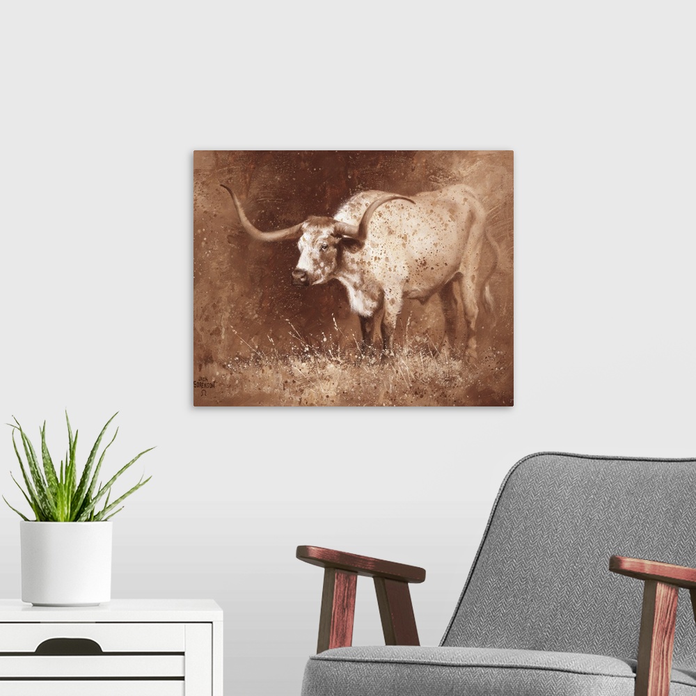 A modern room featuring Energetic brush strokes and paint splatters create this brown toned artwork featuring a long horn...