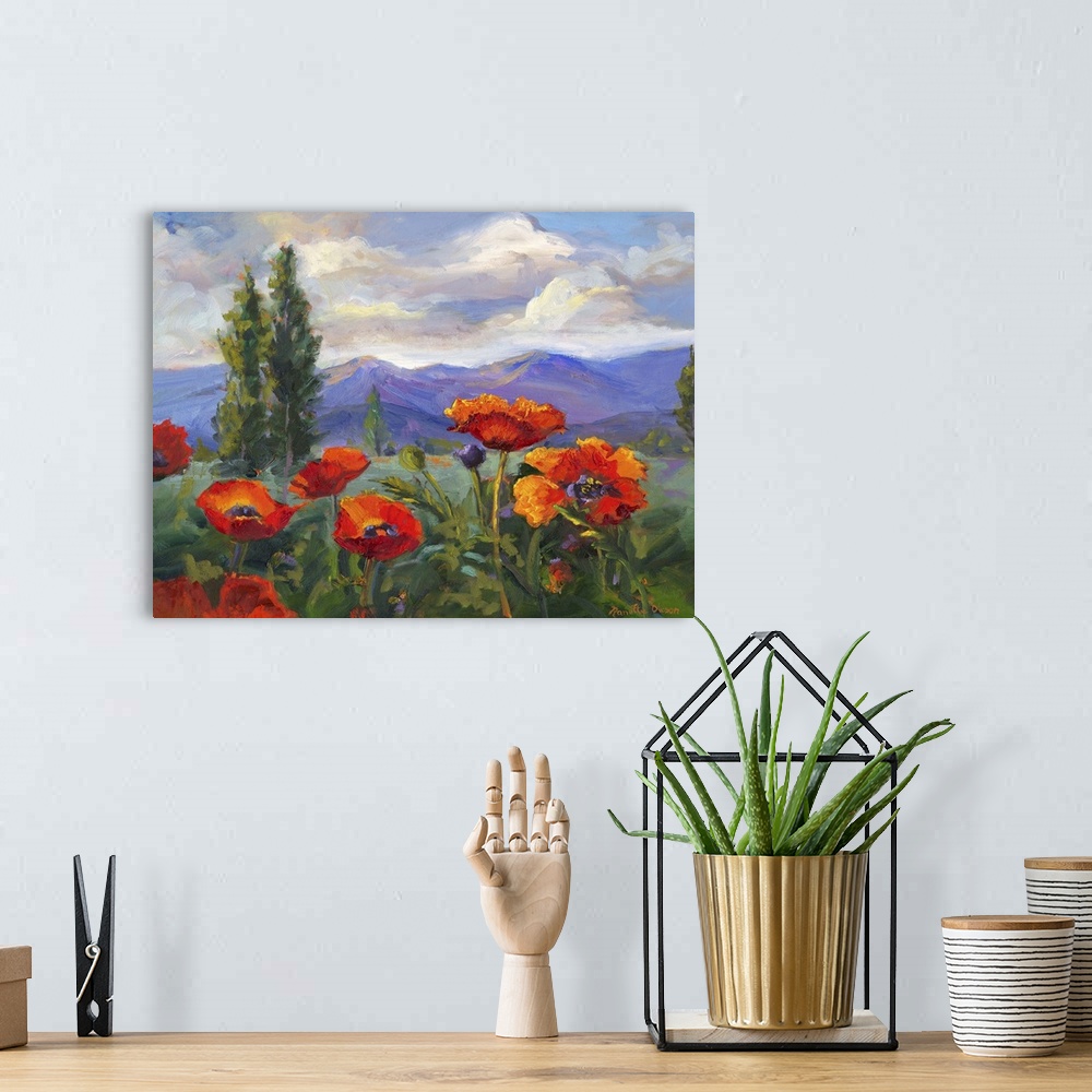 A bohemian room featuring Contemporary painting of a group of wild California poppies near the Sierra Nevada mountains.