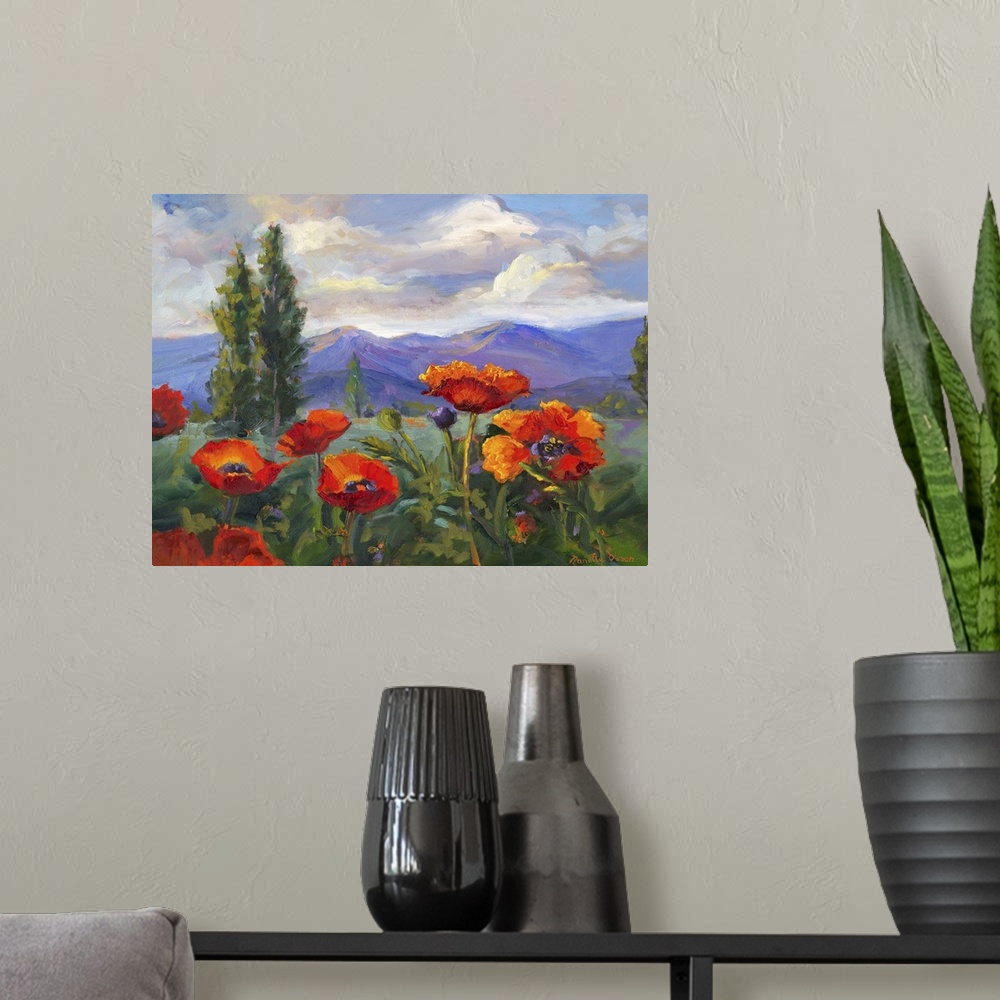 A modern room featuring Contemporary painting of a group of wild California poppies near the Sierra Nevada mountains.
