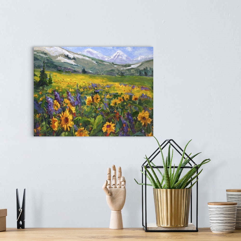 A bohemian room featuring Contemporary painting of a field of wildflowers in a meadow in the Sierra Nevada valley.