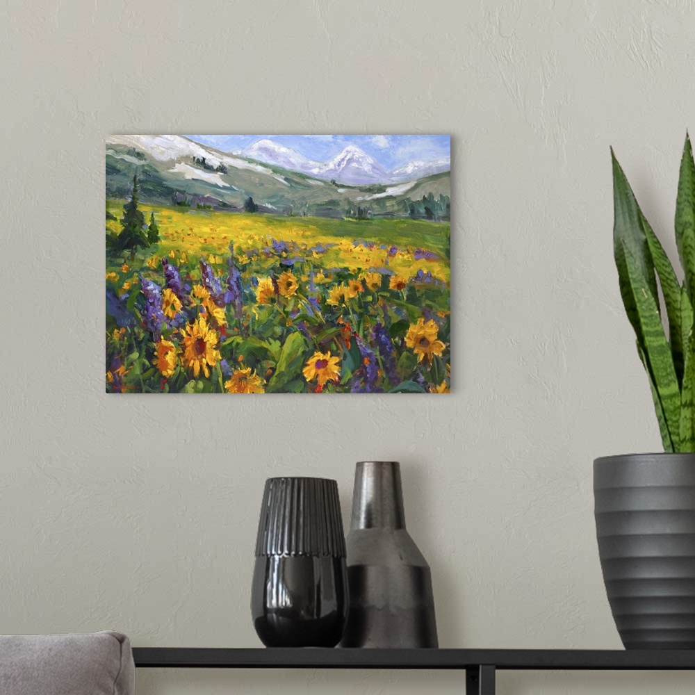 A modern room featuring Contemporary painting of a field of wildflowers in a meadow in the Sierra Nevada valley.