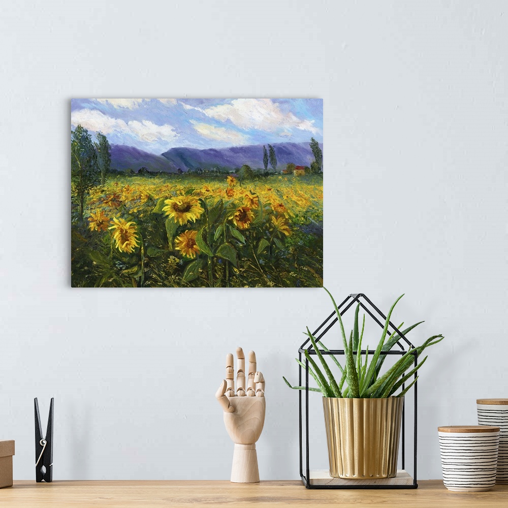 A bohemian room featuring Contemporary painting of a field of wildflowers in a meadow in the Sierra Nevada valley.