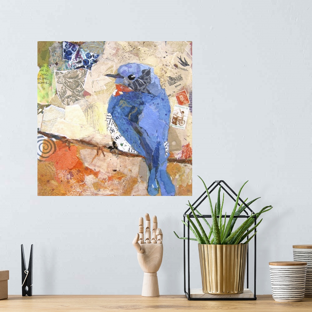 A bohemian room featuring Creative collage of a blue bird perched on a branch with pieces with text and postage stamps.