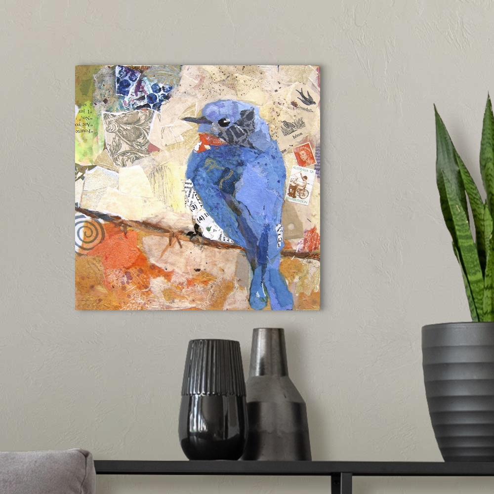 A modern room featuring Creative collage of a blue bird perched on a branch with pieces with text and postage stamps.