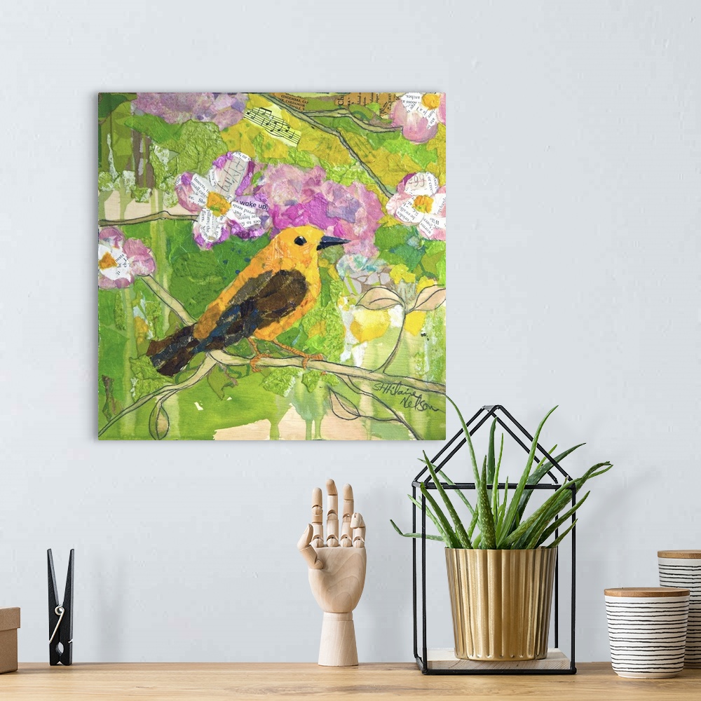 A bohemian room featuring Creative collage of a yellow bird perched on a branch with pieces with text and sheet music.